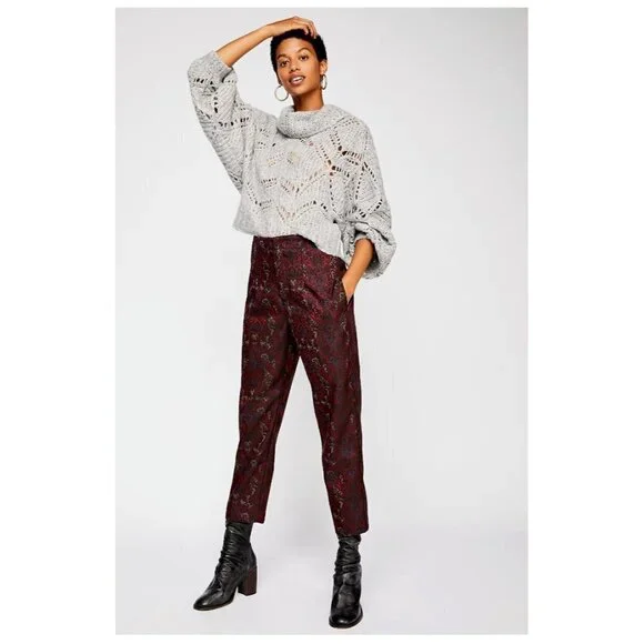 Free People High Waisted Pleated Front Cropped Brocade Jacquard Pants - Picture 7 of 8